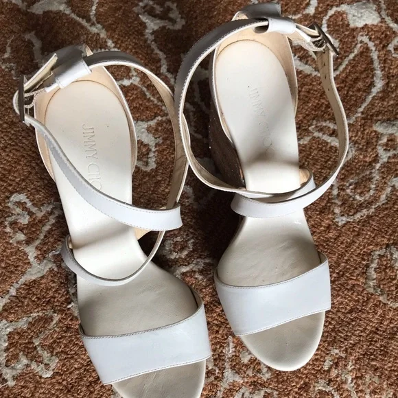 Jimmy Choo Optic White Vachetta Leather Portia 120 Silver Cork 10/EU 40 - Picture 4 of 14